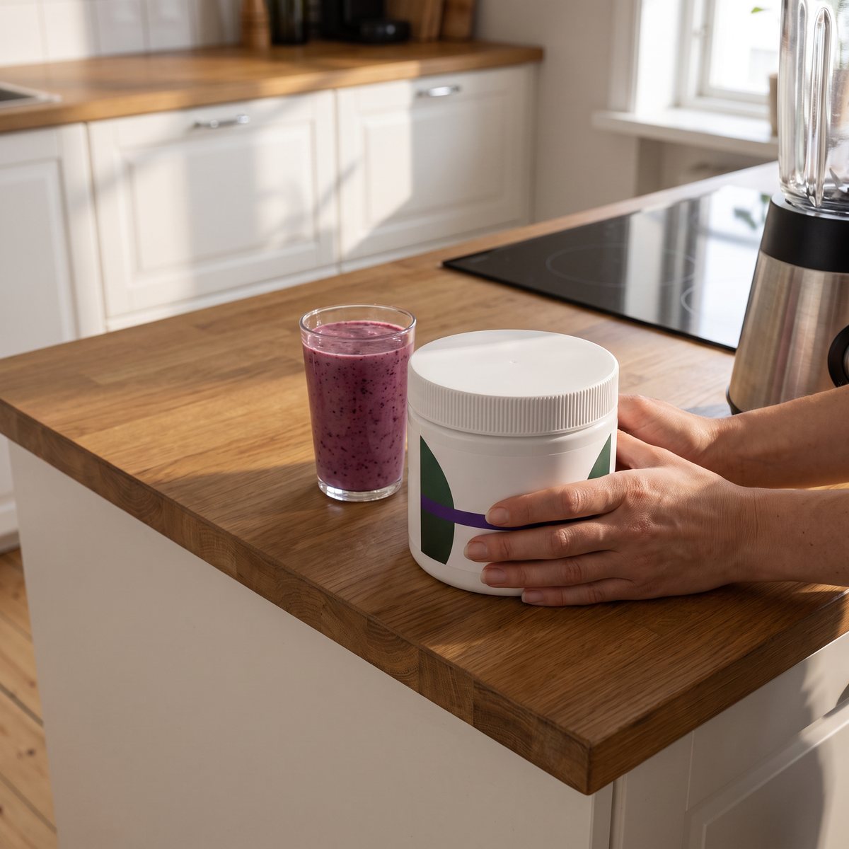 Vit burk med MSM-pulver på en köksö bredvid ett smoothieglas i ett svenskt kök