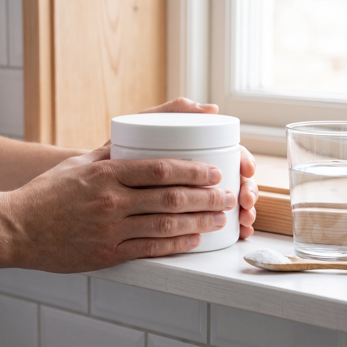 Vit burk med MSM-pulver på en hylla i ett skandinaviskt hem med glas vatten