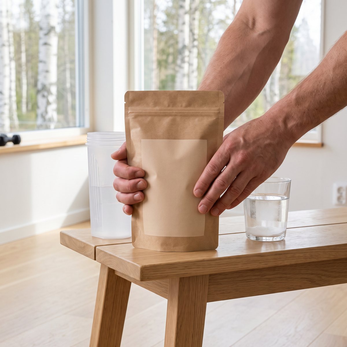 Kraftpåse med MSM-pulver bredvid shaker och vattenglas i ett svenskt hemmagym