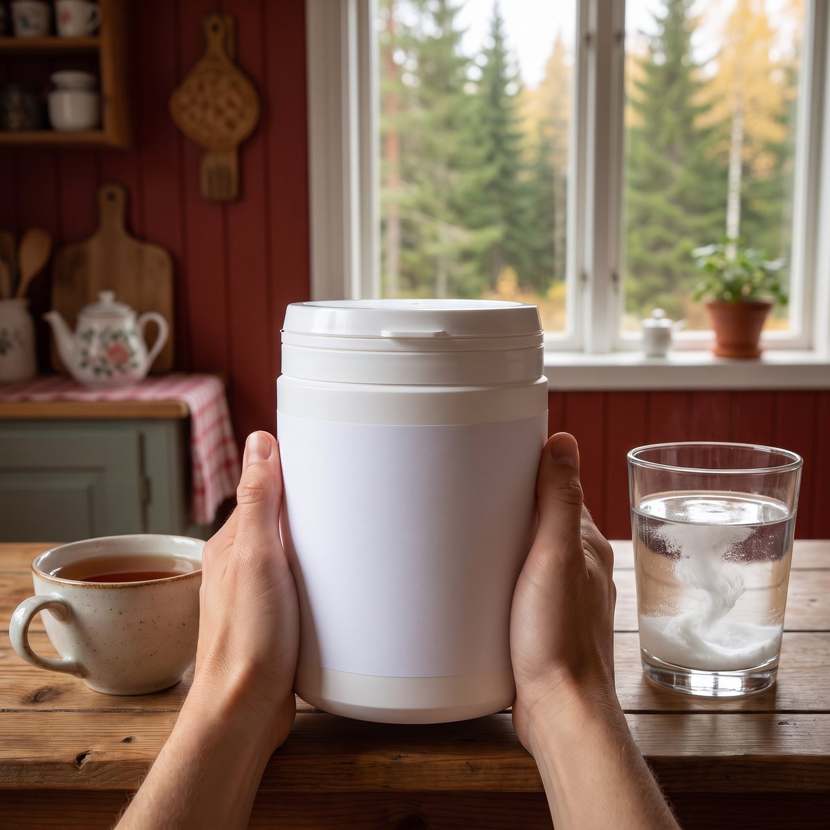 Vit burk med MSM-pulver på ett trä-frukostbord i ett svenskt stugkök med glas vatten