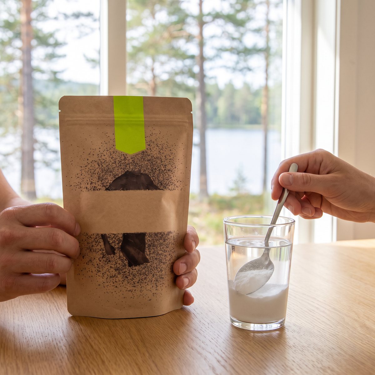 Kraftpapperspåse med grön list och MSM-pulver på ett ekbord i svenskt hem, glas vatten som rörs om med sked