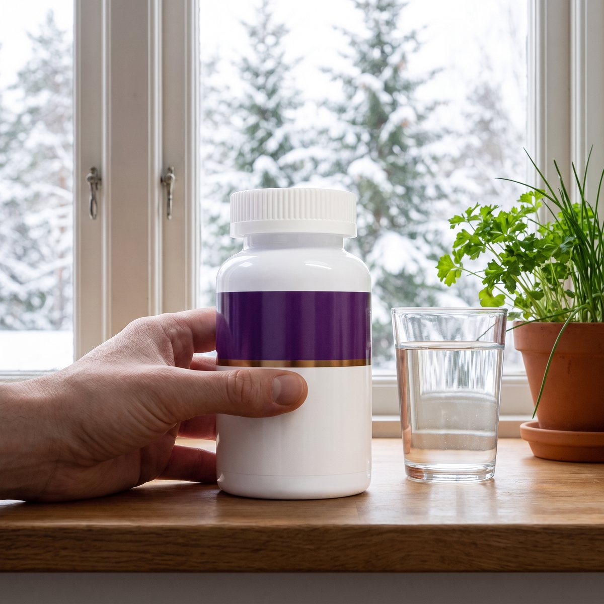 Better You NAC i vit flaska på ett köksfönster i en svensk lägenhet med snöig granskog utanför