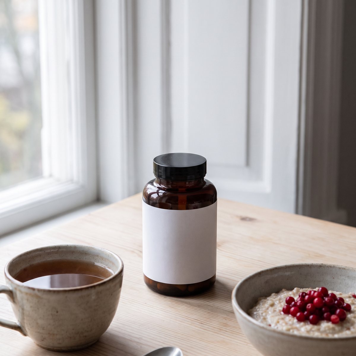Närokällan NAC i brun glasburk på ett frukostbord i en svensk lägenhet med te och gröt