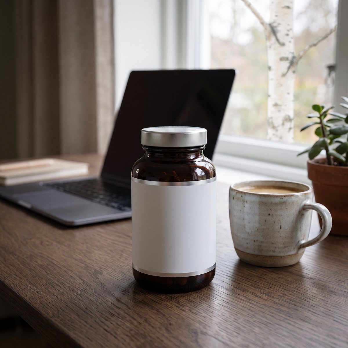 Nordbo NAC Synergy i mörk glasburk på ett skrivbord i ett svenskt hemmakontor med björk utanför fönstret