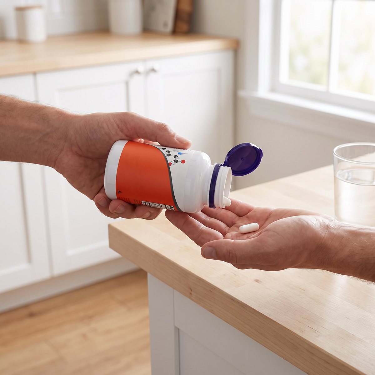 NOW NAC-flaska i vit med orange etikett på en köksbänk i ett svenskt kök, med ett glas vatten och en hand som tippar ut en kapsel