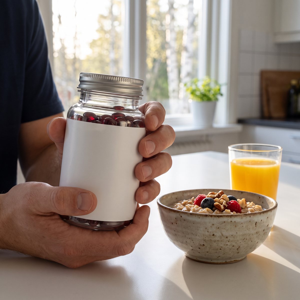 BioSalma Q10 med selen i glasburk bredvid havregrynsgröt på ett svenskt köksbord