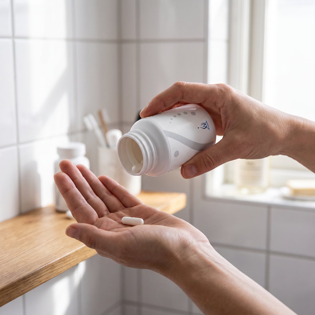 Holistic Q10 vit burk där en kapsel skakas ut i handen vid en badrumshylla i ett svenskt hem