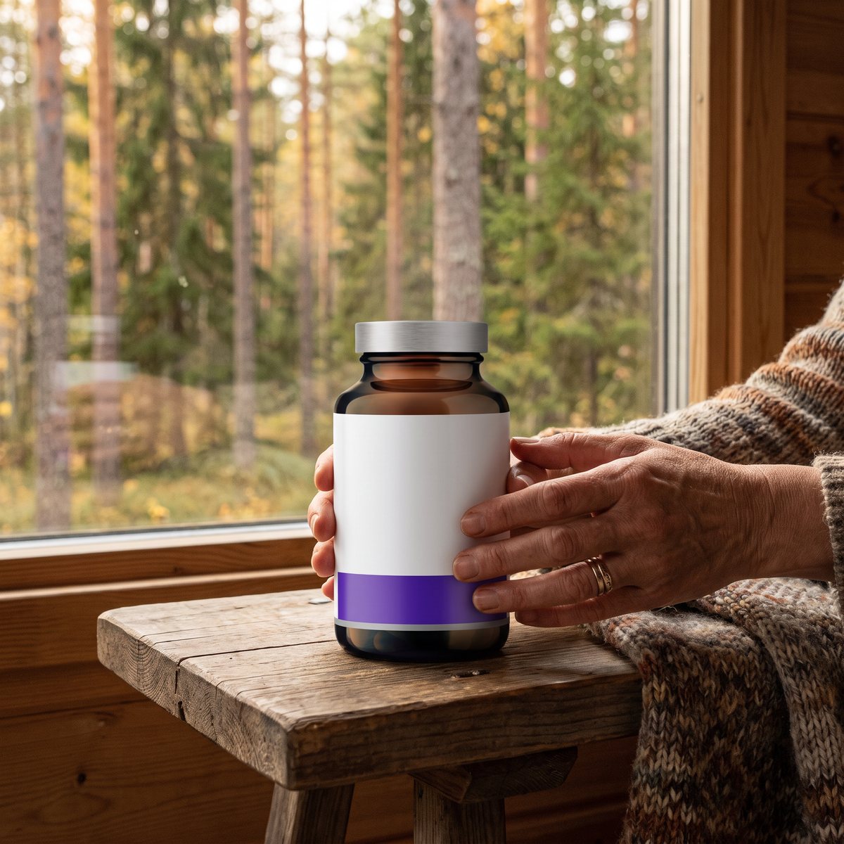 ICONFIT Koenzym Q10 i brun glasburk på en träbänk vid fönster mot svensk tallskog