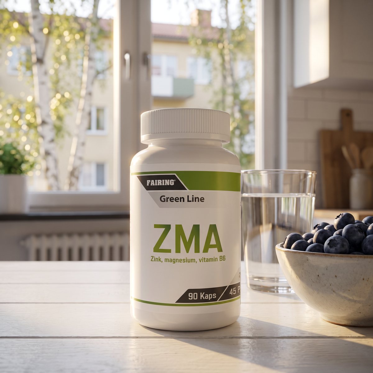 Fairing ZMA-burk på ett köksbord i en ljus svensk lägenhet med blåbär och vatten