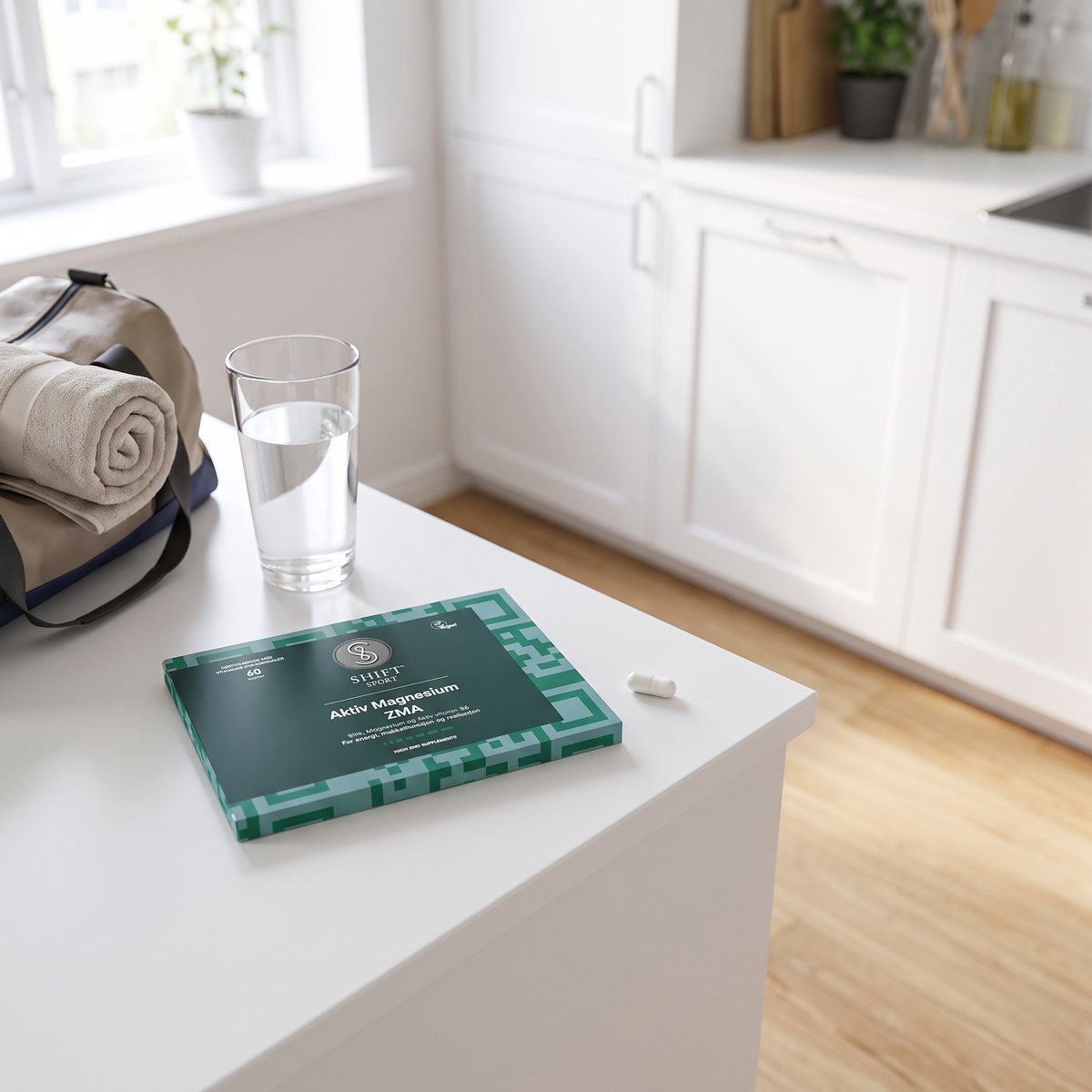 SHIFT Sport Aktiv Magnesium ZMA-förpackning på en köksbänk i ett ljust svenskt kök