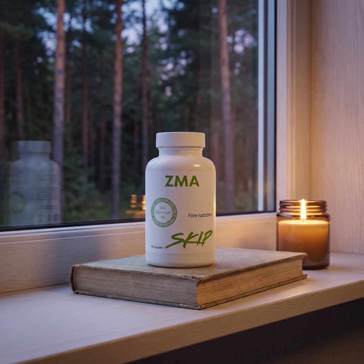 Skip ZMA-burk på en fönsterbräda i ett svenskt sovrum i skymningen
