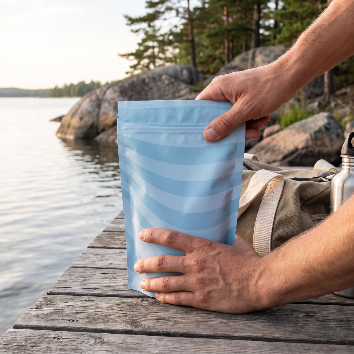 Heey! Creatine Monohydrate i ljusblå påse på en brygga vid en svensk skärgårdssjö, med träningsväska
