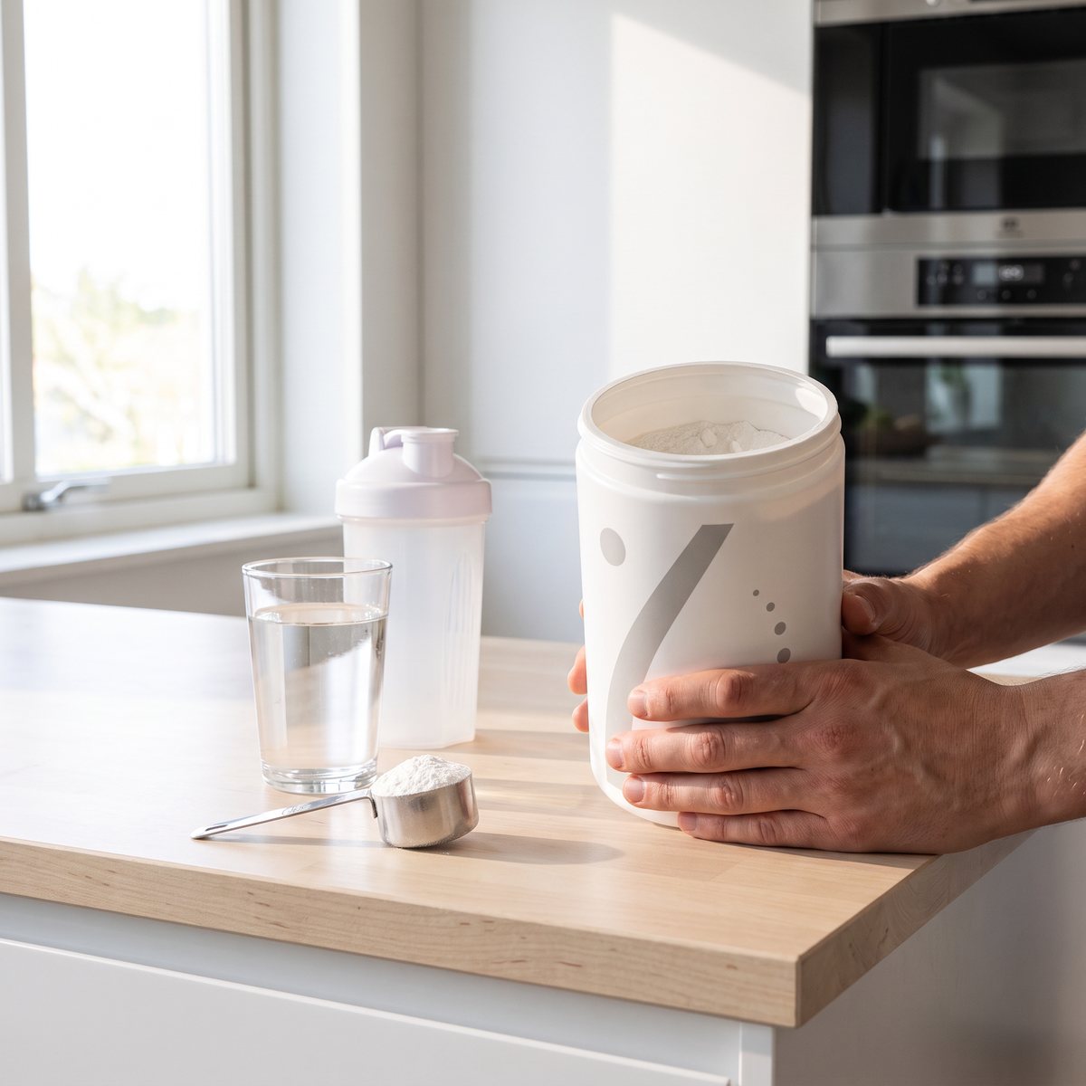 Holistic Kreatin i vit burk på en träbänk i ett ljust svenskt kök, med mätsked, vattenglas och shaker
