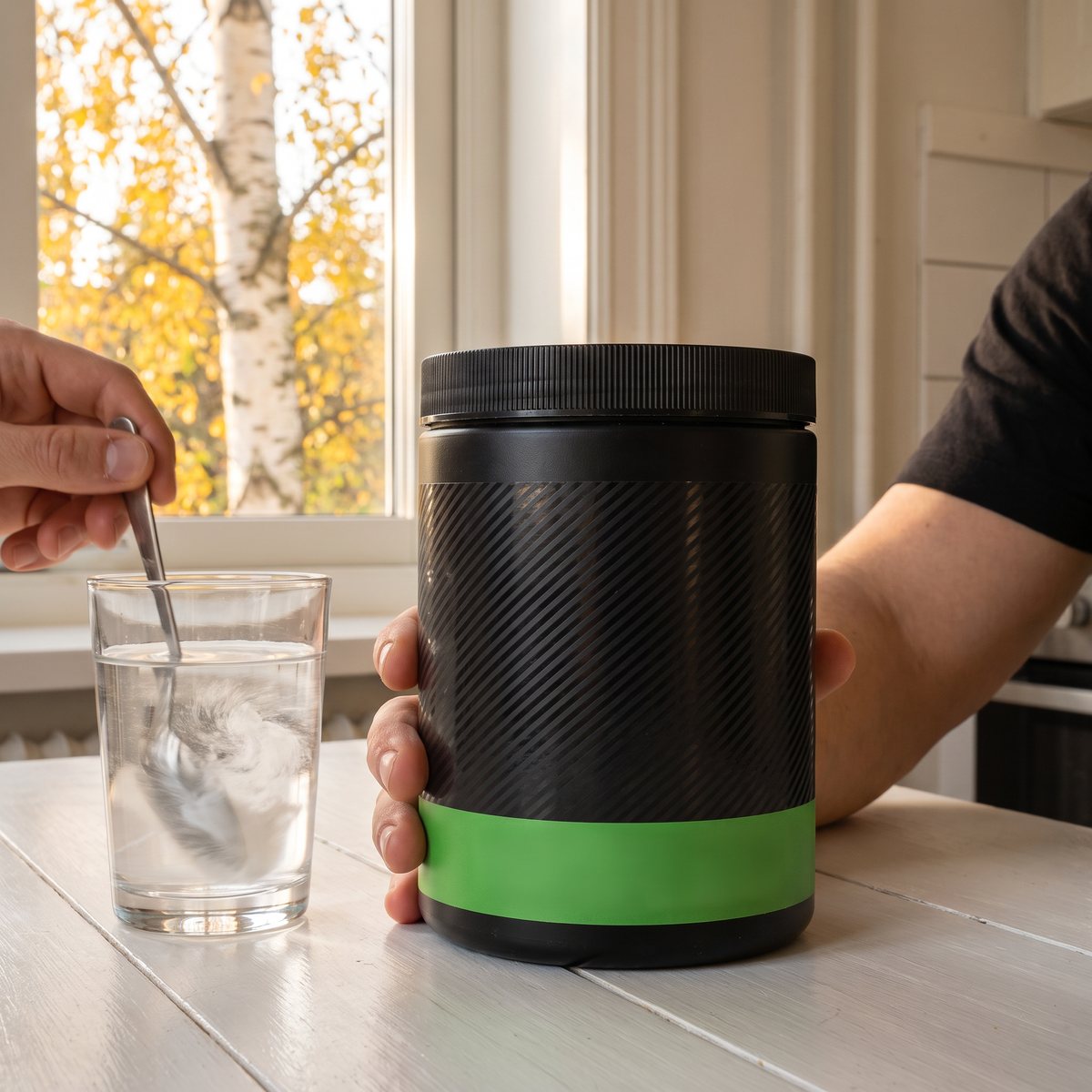 Optimum Nutrition Micronised Creatine Powder i svart burk på ett köksbord vid ett fönster med björk