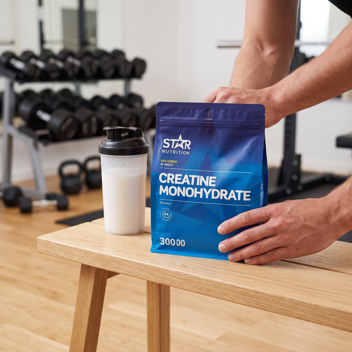 Star Nutrition Kreatinmonohydrat i blå påse på en bänk i ett svenskt hemmagym, med shaker