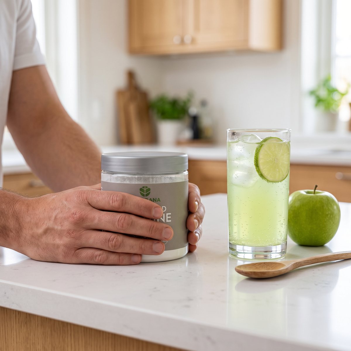 Vitaprana Smaksatt Kreatinmonohydrat i burk på en köksbänk med glas, grönt äpple och träsked