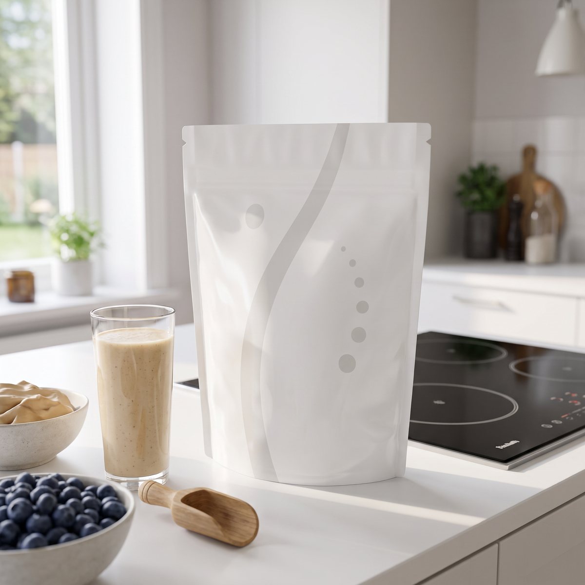 Holistic Inflamino i vit påse på en köksbänk i ett svenskt kök med induktionshäll, shake och blåbär