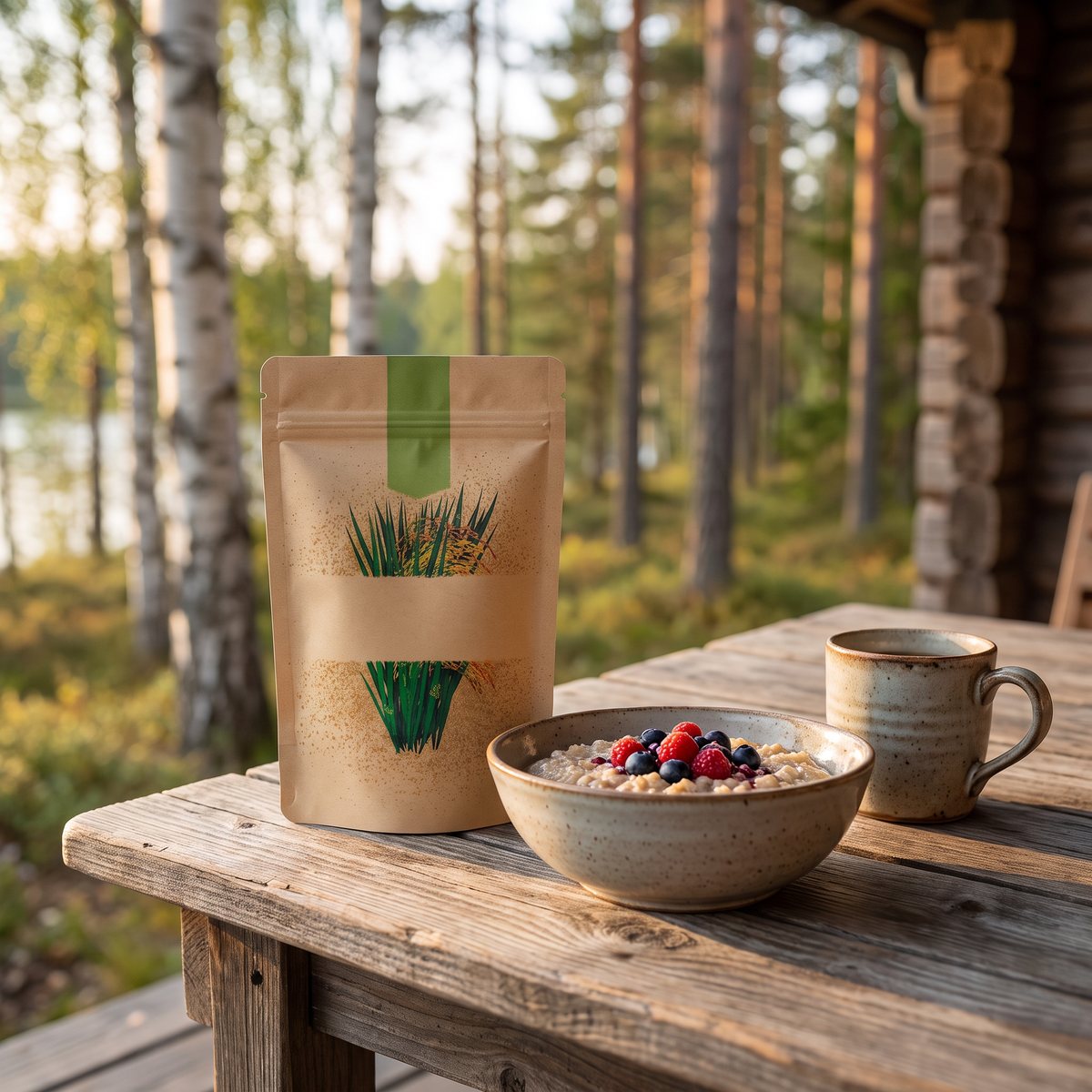 Rawpowder Ekologiskt Risprotein i brun papperspåse på ett trädbord på en svensk stugaltan med björkskog