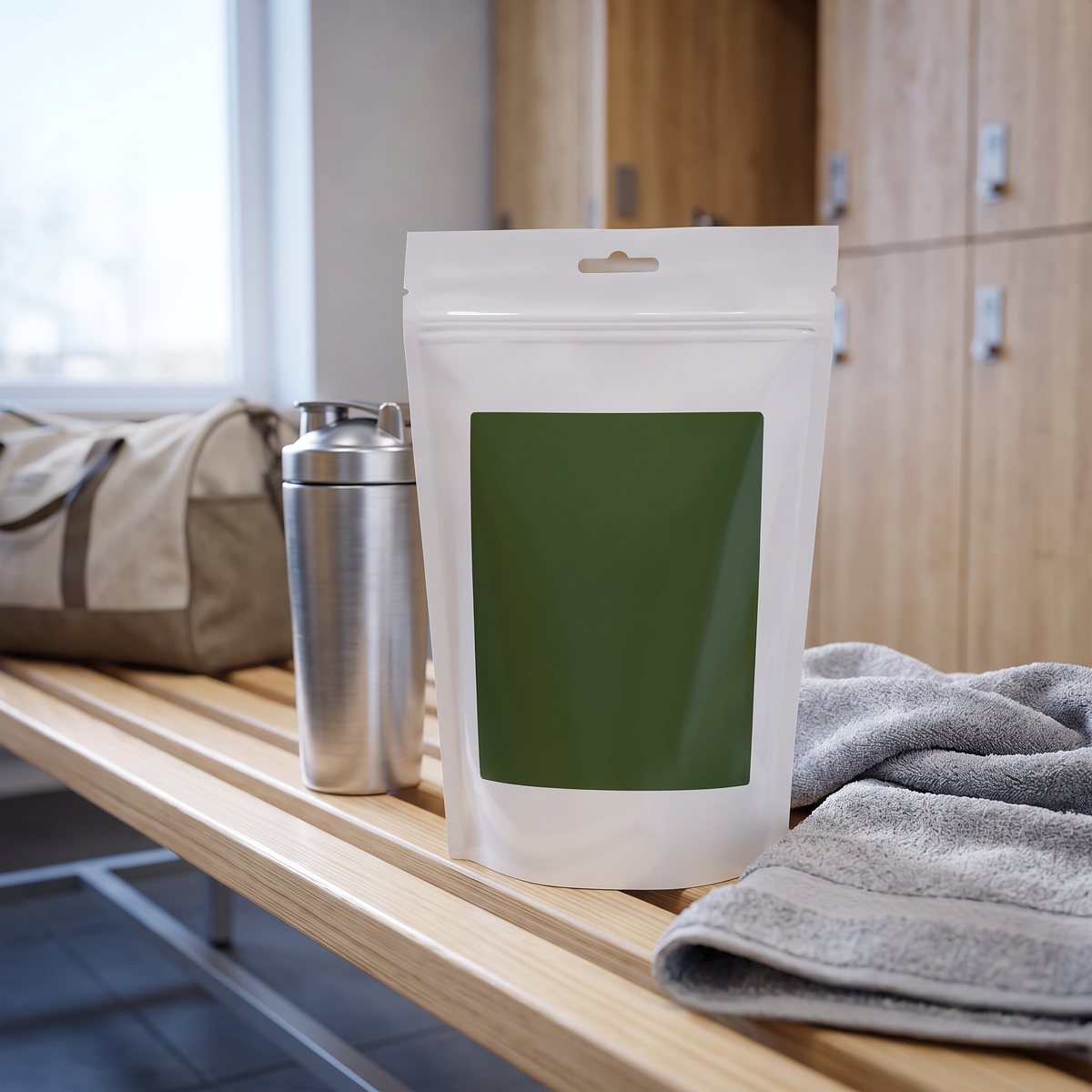 Superfruit Risprotein EKO på en träbänk i ett svenskt gym med shaker och handduk