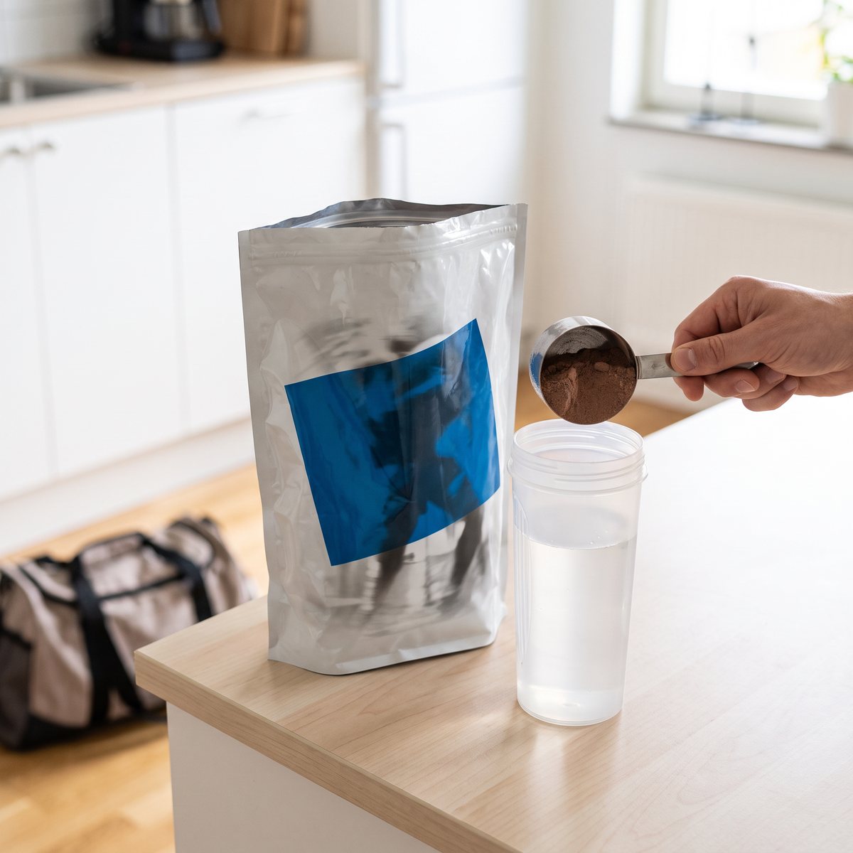 Påse med Core Gainer på en björkskiva i ett ljust svenskt kök med en hand som mäter upp chokladpulver till en shaker