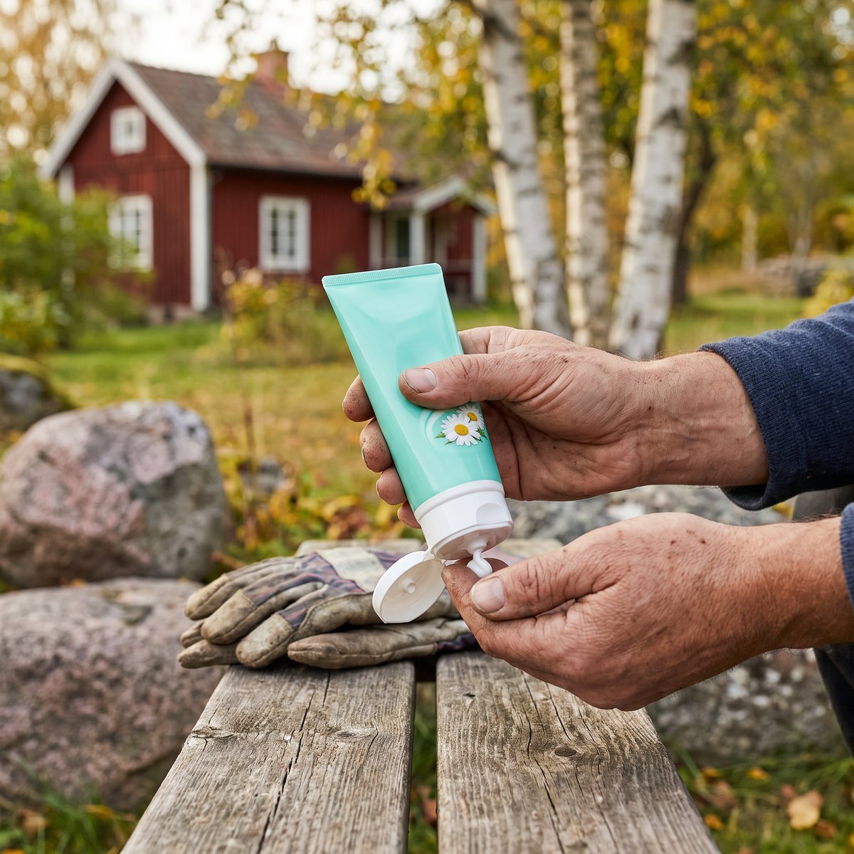 Atrix Intensive Protection Cream som används av en trädgårdsmästare vid en bänk i en svensk trädgård med rött torp