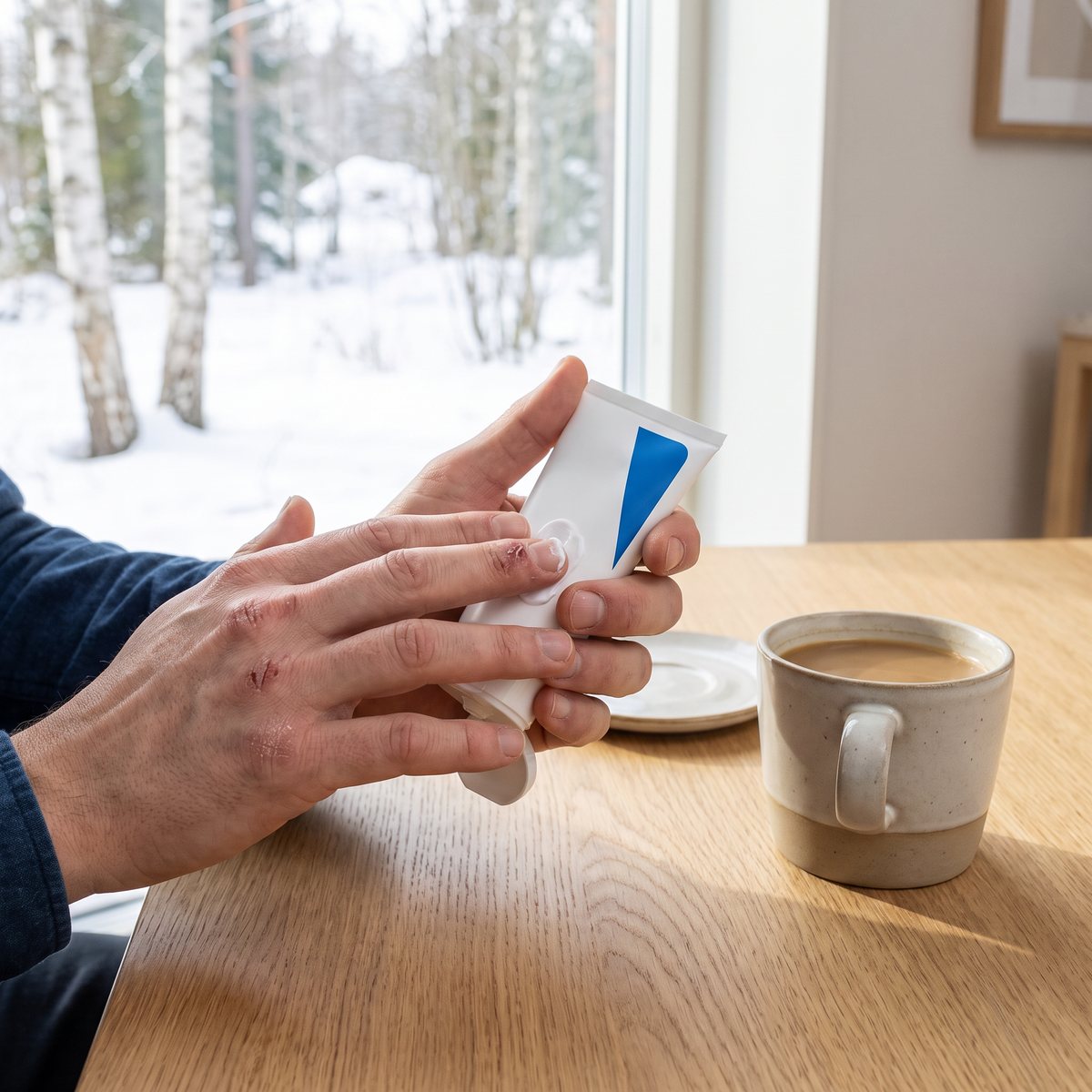 CeraVe Reparative Hand Cream som används på torra händer vid ett skrivbord i ett svenskt hem en vinterdag
