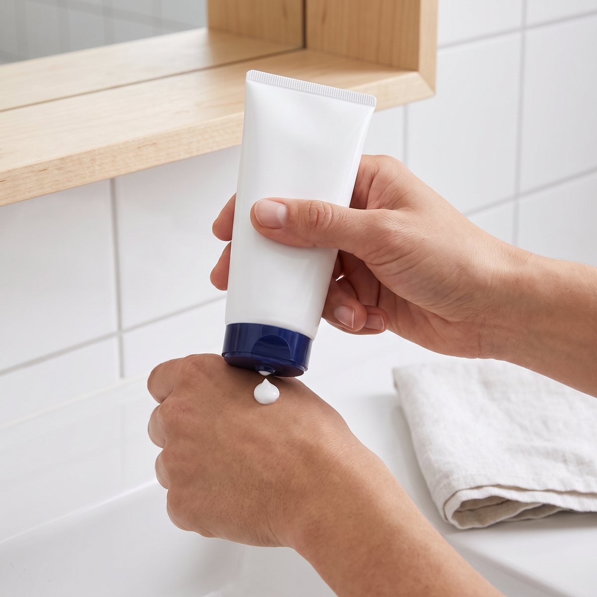 Eucerin UreaRepair handkräm som pressas ut på handryggen vid ett handfat i ett svenskt badrum