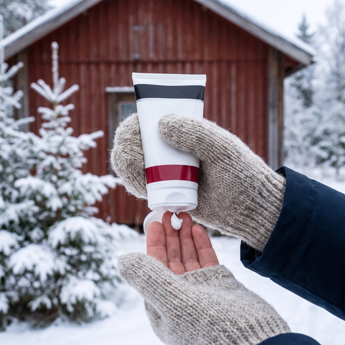 Neutrogena Norwegian Formula handkräm som används utomhus en snöig vinterdag vid en röd stuga