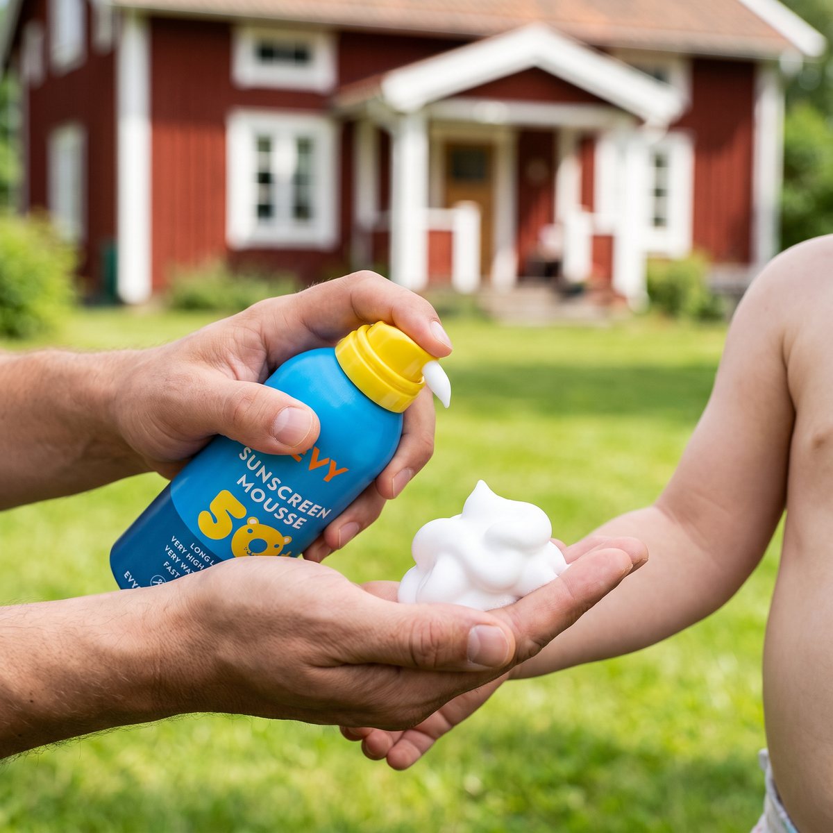 EVY Sunscreen Mousse Kids trycks ut som skum i handen bredvid ett barn i en svensk trädgård med rött trähus