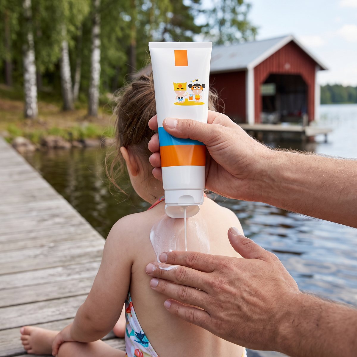 La Roche-Posay Anthelios UVMune 400 Kids smörjs på ryggen på ett barn som sitter på en brygga vid en svensk sjö