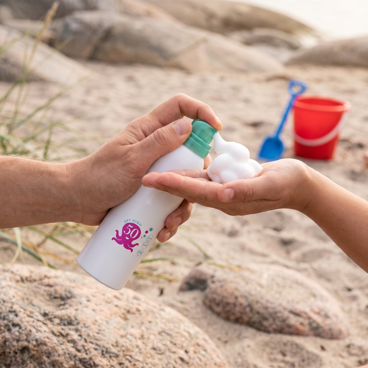 ACO Sun Kids Active Mousse SPF 50 hålls i handen medan en klick vitt skum trycks ut i andra handflatan på en sandstrand med granitklippor på svenska västkusten
