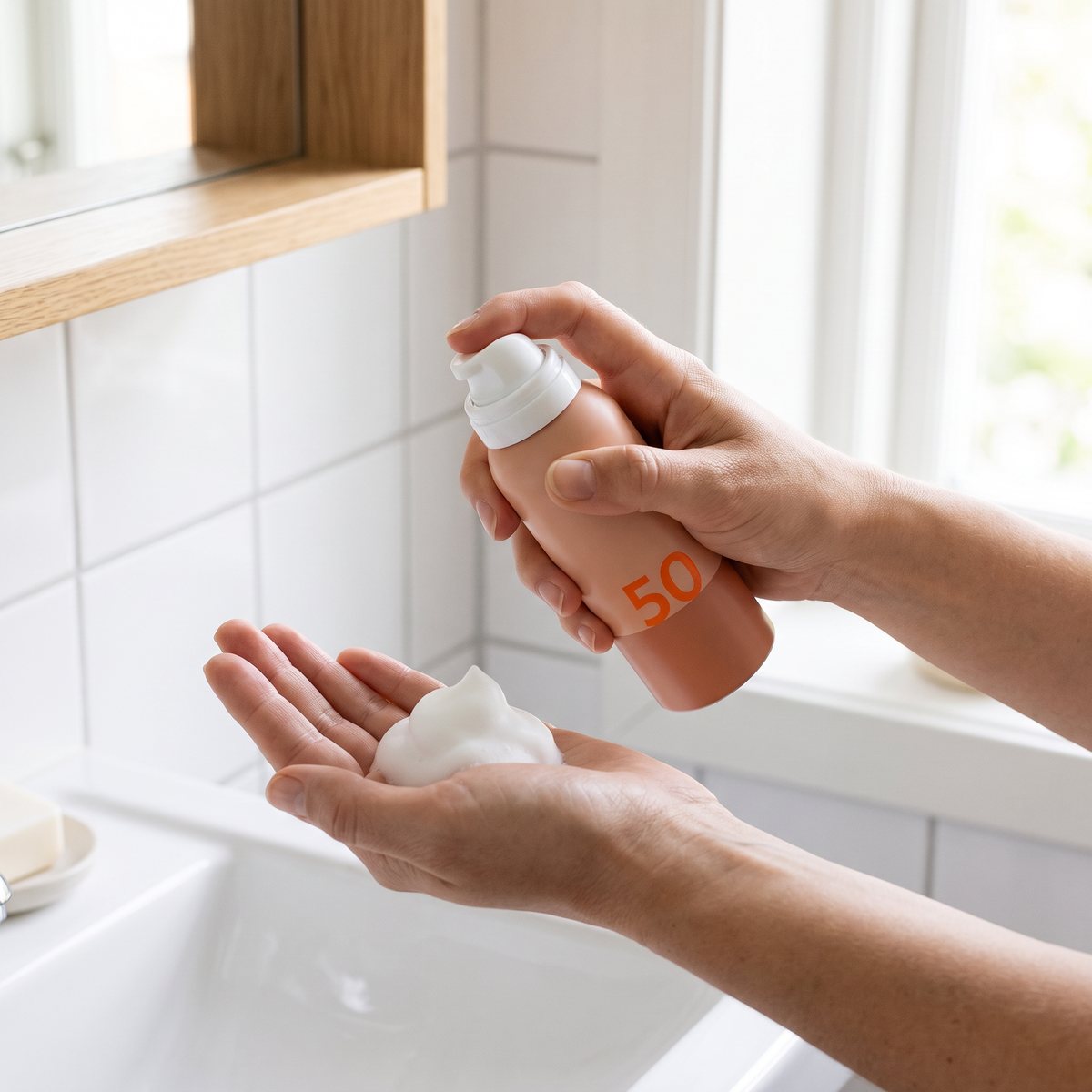 EVY Daily Defence Face Mousse hålls över handfatet i ett ljust badrum med en klick skum i handflatan