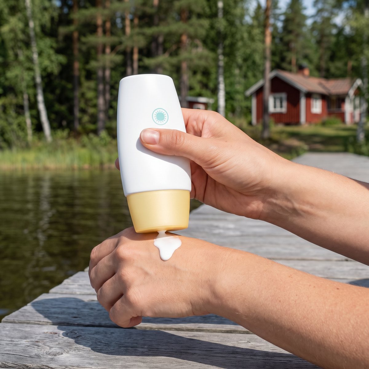 ACO Sun Light Face Fluid trycks ut på handryggen på en träbrygga vid en svensk sjö med röd stuga i bakgrunden.