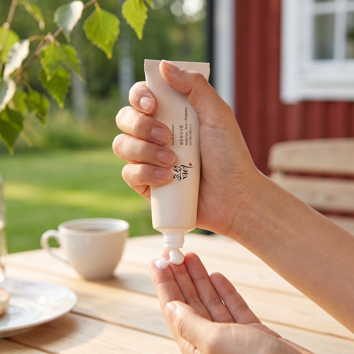 En hand klämmer ut Beauty of Joseon Relief Sun på fingertopparna vid ett frukostbord på verandan till en röd svensk sommarstuga.