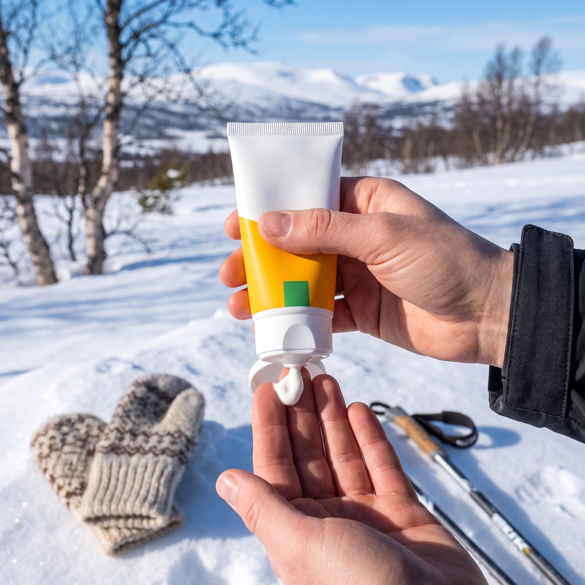 Bioregena Sunbalm Face kläms ut på fingertopparna i snön i svenska fjällen, med vantar och skidstavar bredvid.