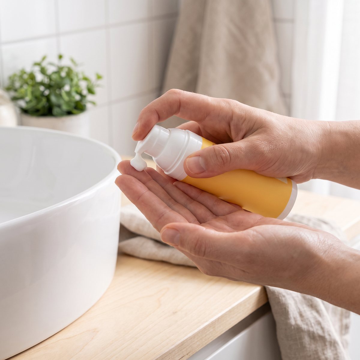 Derma Sun Ansiktssolkräm pumpas ut i handflatan vid ett handfat i ett ljust skandinaviskt badrum.