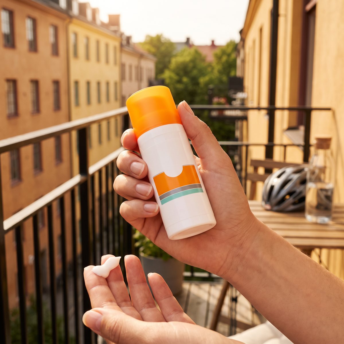 En hand håller Eucerin Oil Control Sun Gel-Cream med lite gel-kräm på fingrarna på en solig balkong i ett svenskt stadskvarter.