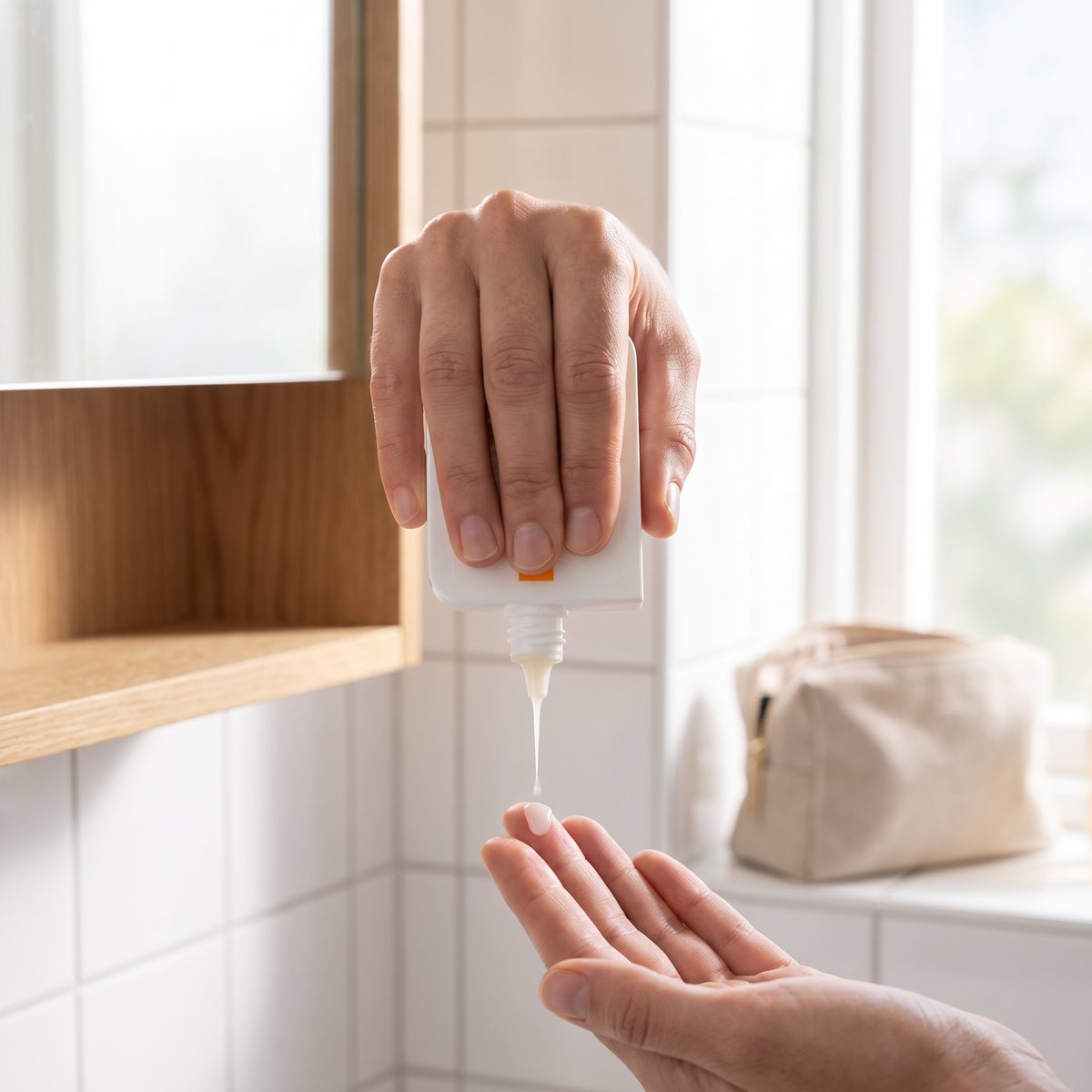 En hand droppar La Roche-Posay Anthelios UVMune 400 Invisible Fluid på fingertopparna i ett ljust svenskt badrum med vitt kakel.