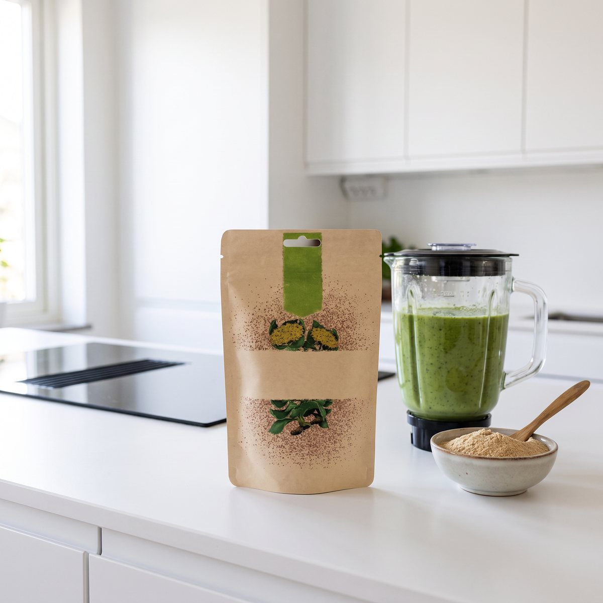 Rawpowder Rosenrotpulver i påse på en köksbänk bredvid en grön smoothie i mixer och en skål med pulver