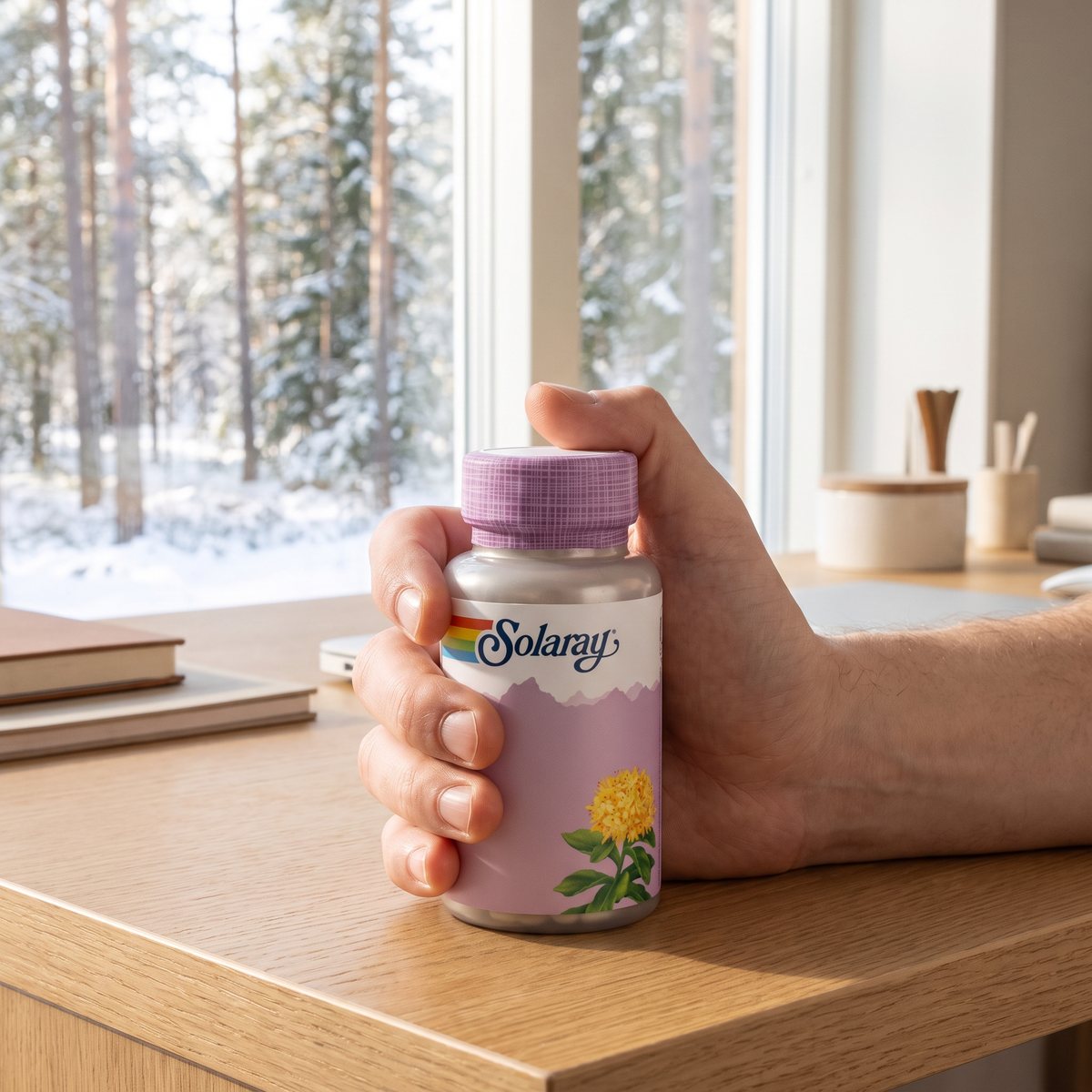 Hand som håller Solaray Rosenrot-burken vid ett skrivbord med snöig tallskog utanför fönstret