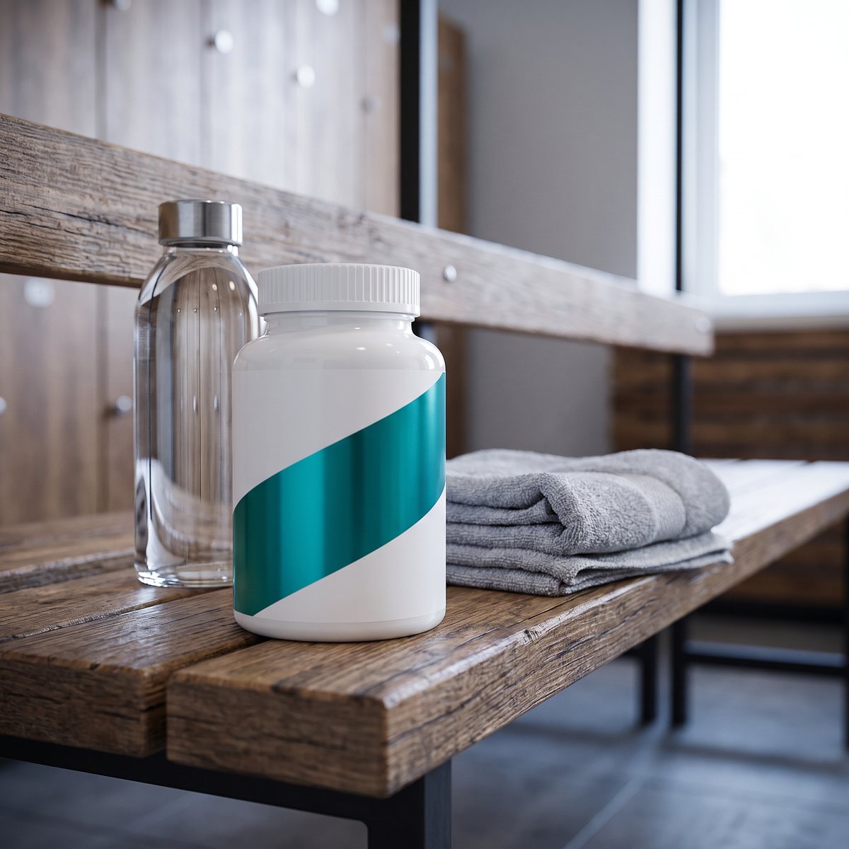 Swedish Supplements Rhodiola Rosea-burken på en bänk i ett svenskt gymomklädningsrum med vattenflaska och handduk