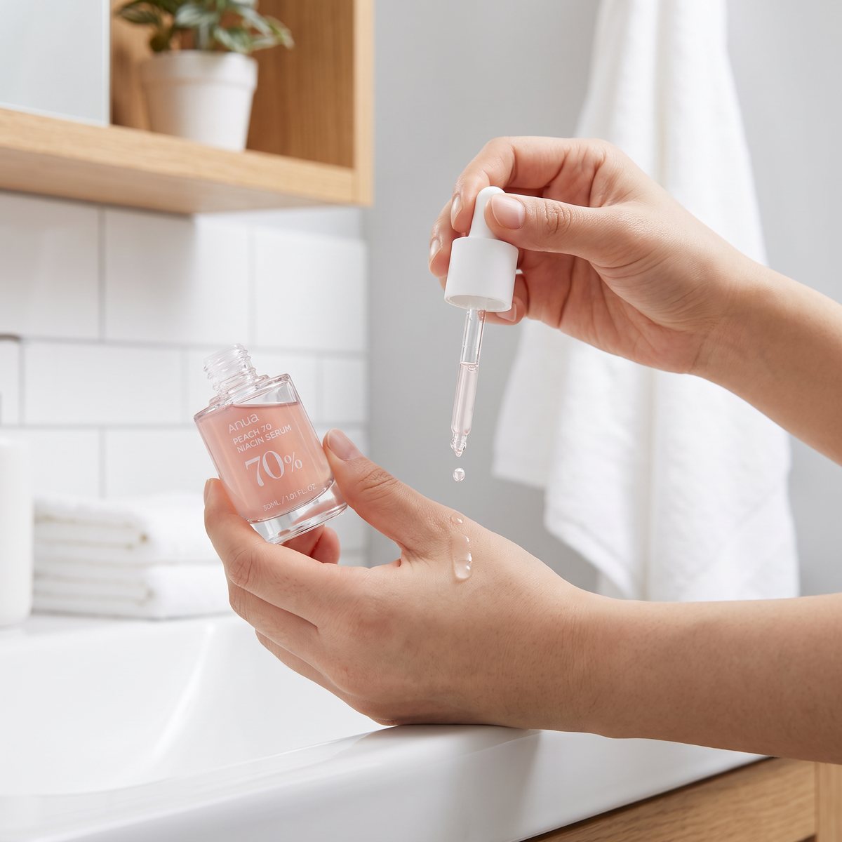 Händer som droppar Anua Peach 70 Niacin Serum på handryggen vid handfatet i ett ljust skandinaviskt badrum