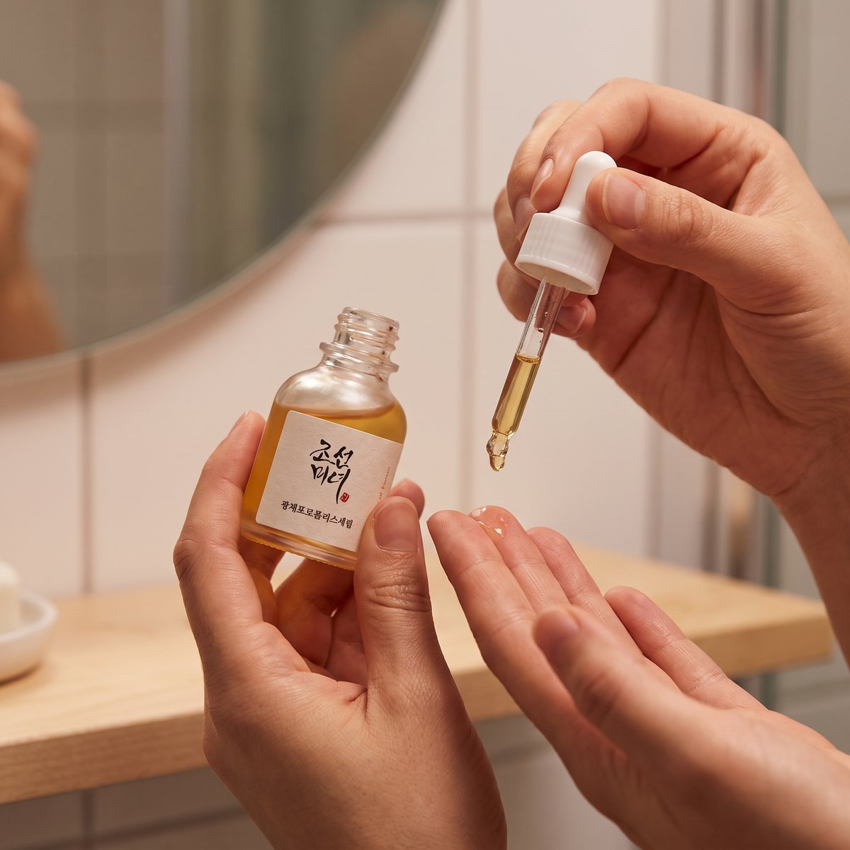 Händer som droppar Beauty of Joseon Glow Serum på fingertopparna vid en ljus hylla i ett svenskt badrum
