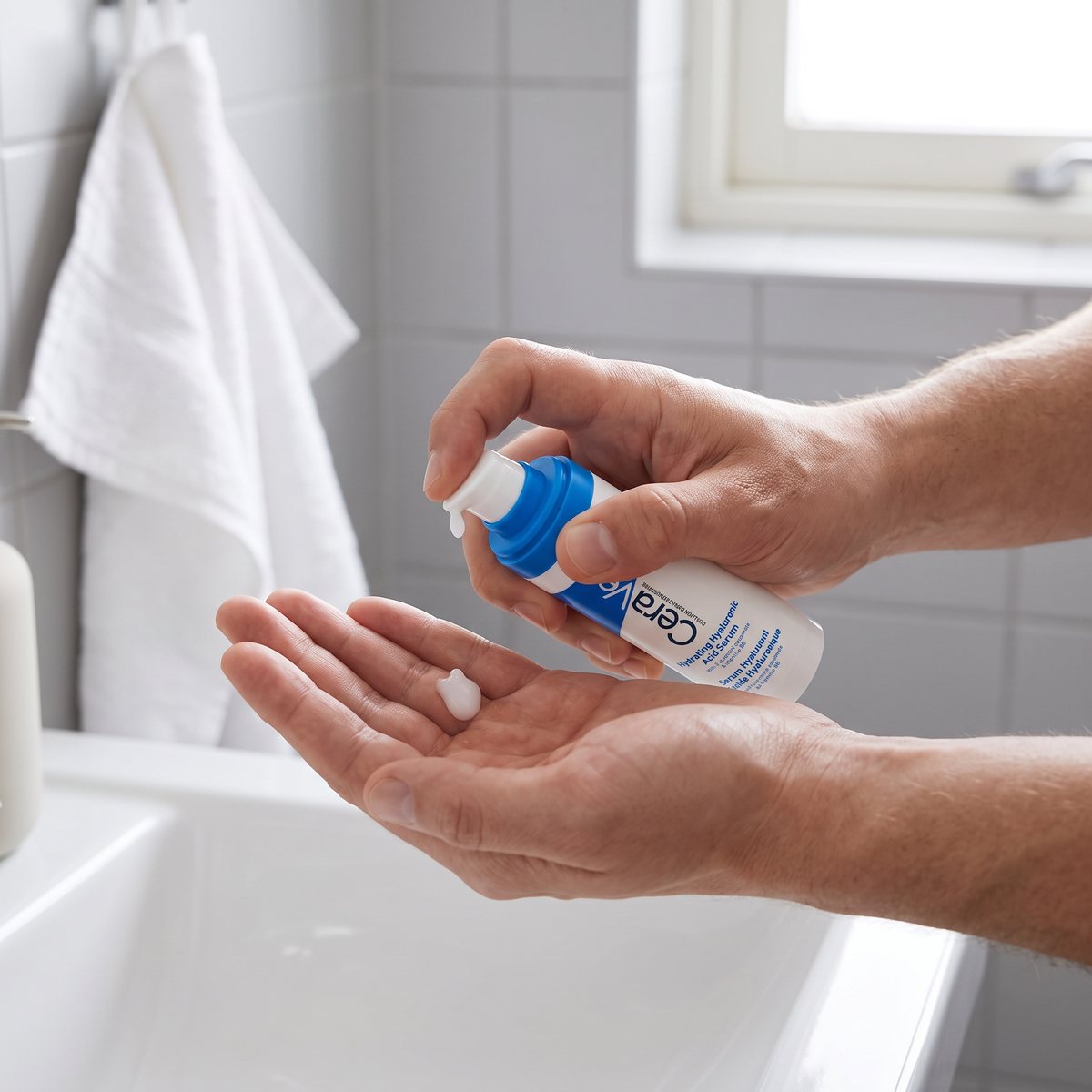 Händer som pumpar ut CeraVe Hydrating Hyaluronic Acid Serum i handflatan vid ett vitt handfat i ett ljust svenskt badrum