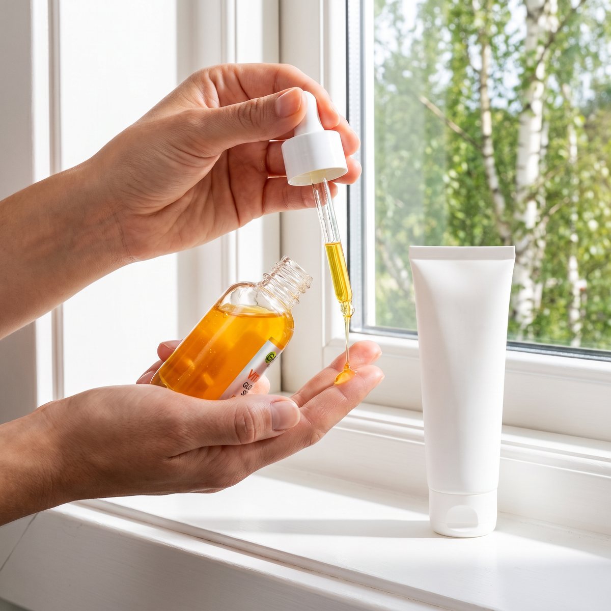 Händer som droppar Garnier Vitamin C Glow Boost Serum på fingertopparna i ett soligt badrumsfönster med björkar utanför