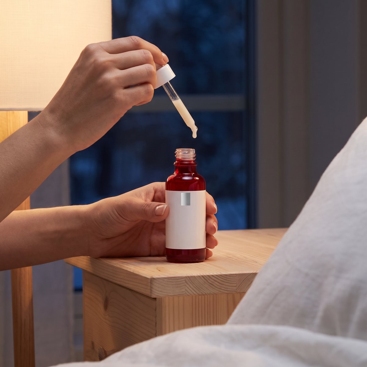 Händer som tar La Roche-Posay Retinol B3 Serum med pipetten vid ett sängbord av furu i ett svenskt sovrum en vinterkväll