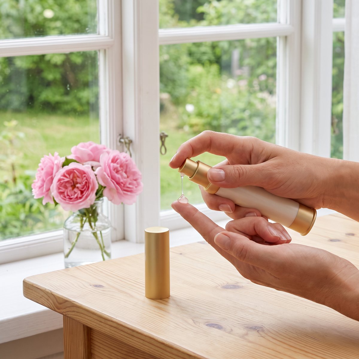 Händer som pumpar Rosenserien Vitamin C Serum på fingertoppen vid ett ljust furubord med rosor i en svensk sommarstuga