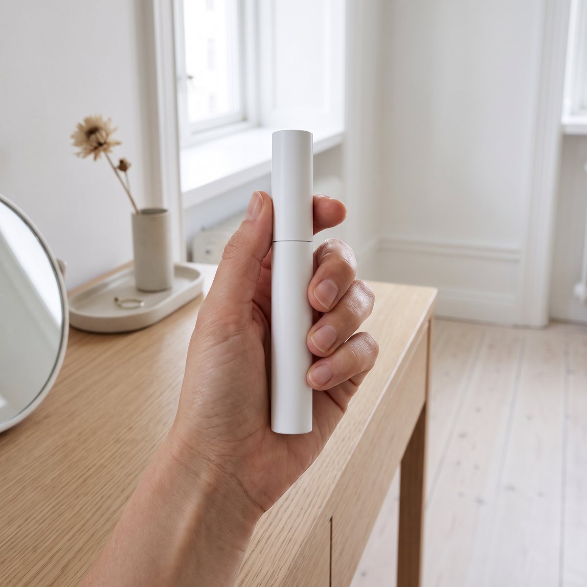 Hand som håller Jorgobés vita fransserum vid ett sminkbord av ljus ek i en ljus svensk lägenhet