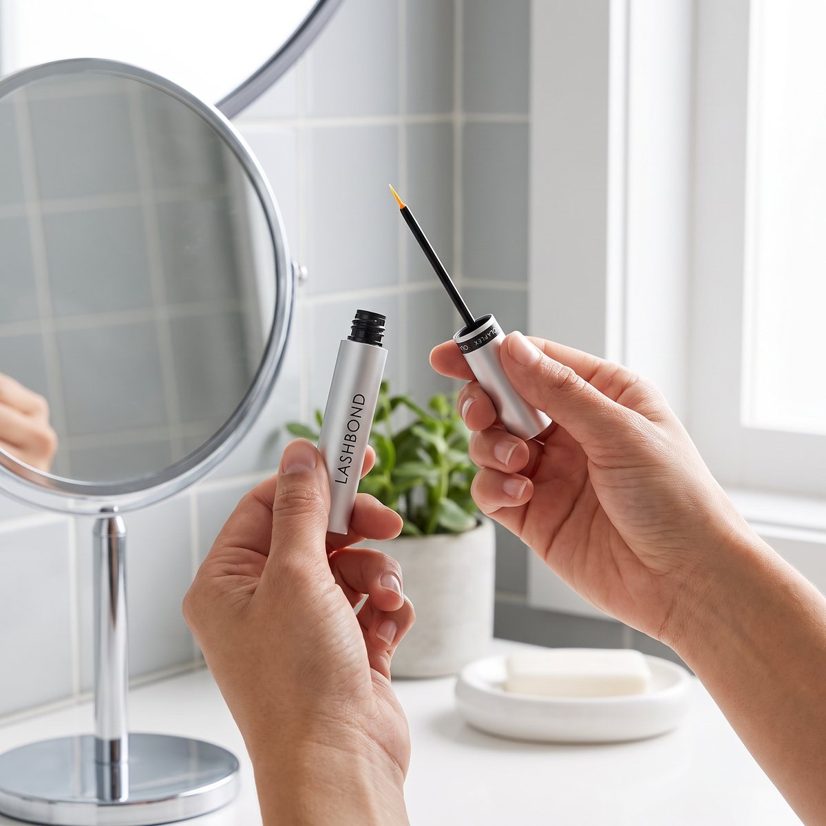 Händer som håller Olaplex Lashbond-tuben och applikatorn framför en sminkspegel i ett ljust svenskt badrum på morgonen