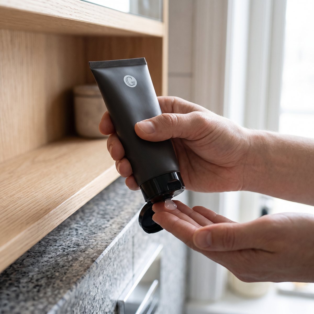 c/o Gerd B2 Hair Serum kramas ur tuben i handen vid en granitbänk i ett svenskt badrum